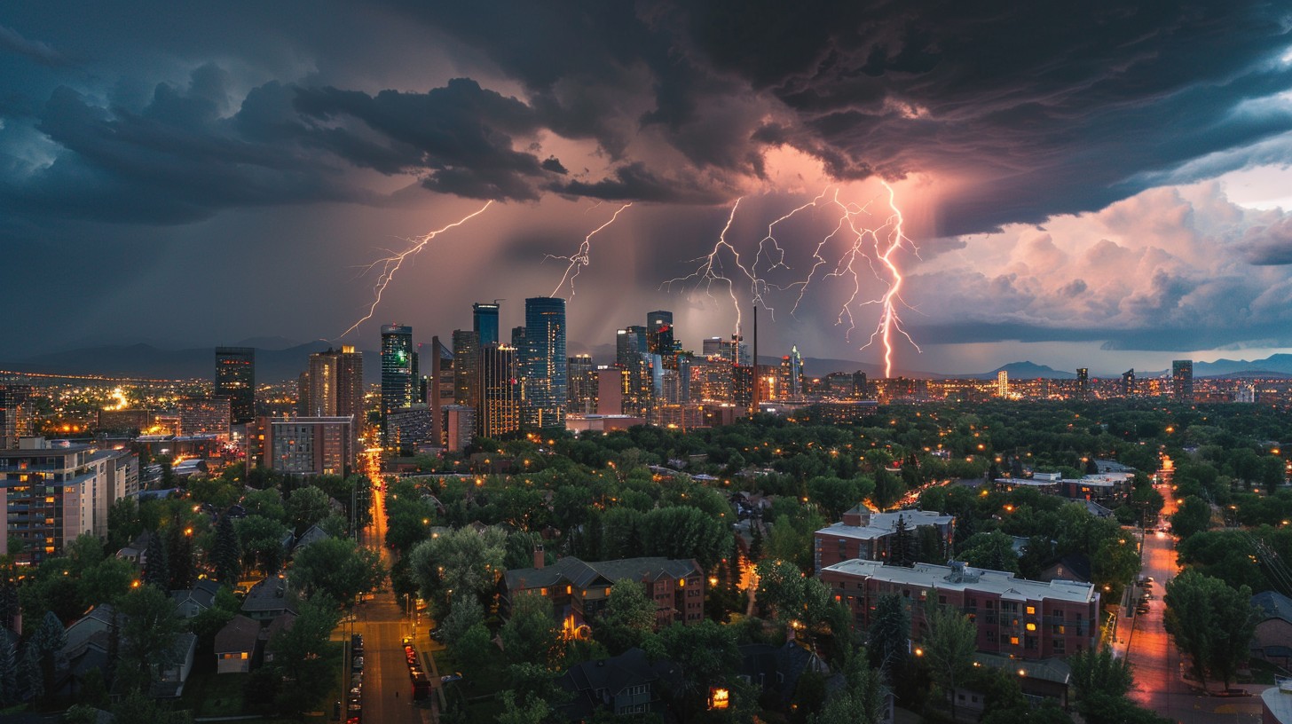 Image showing a stormy urban landscape with trees and hydrologic extremes occuring in a very heterogenous region.